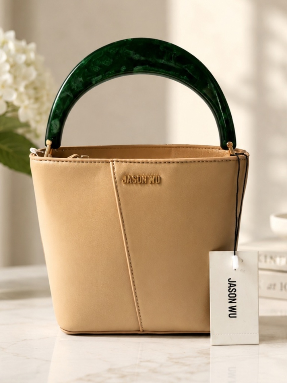 NWT Jason Wu Beige Bucket Bag with Faux Jade Handle & Crossbody Strap Tan Brown